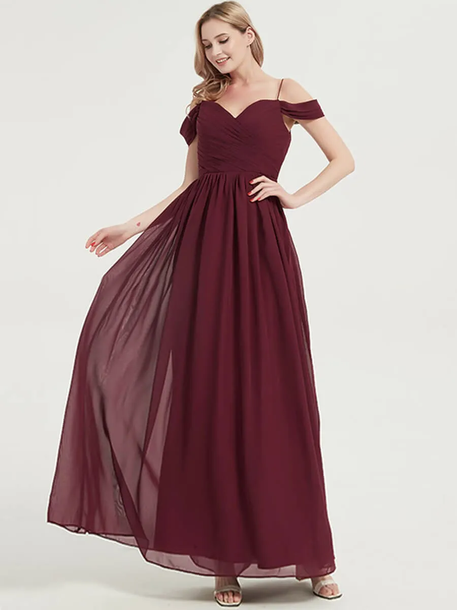 Burgundy Cold Shoulder Spaghetti Straps Pleated Chiffon Bridesmaid Dress