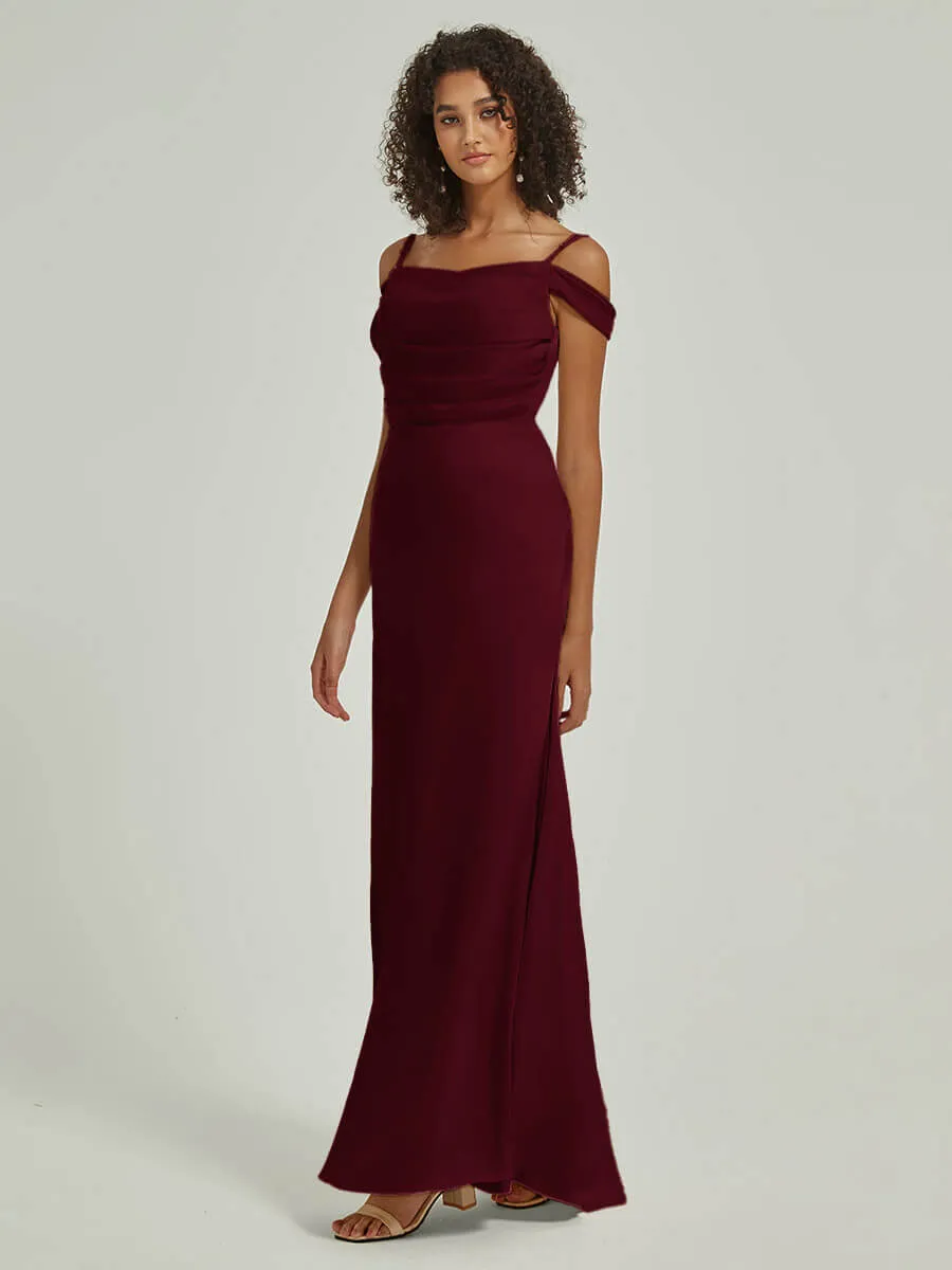 Burgundy Cowl Neckline Straps Side Slit Silk Satin ConvertibleBridesmaid Dress