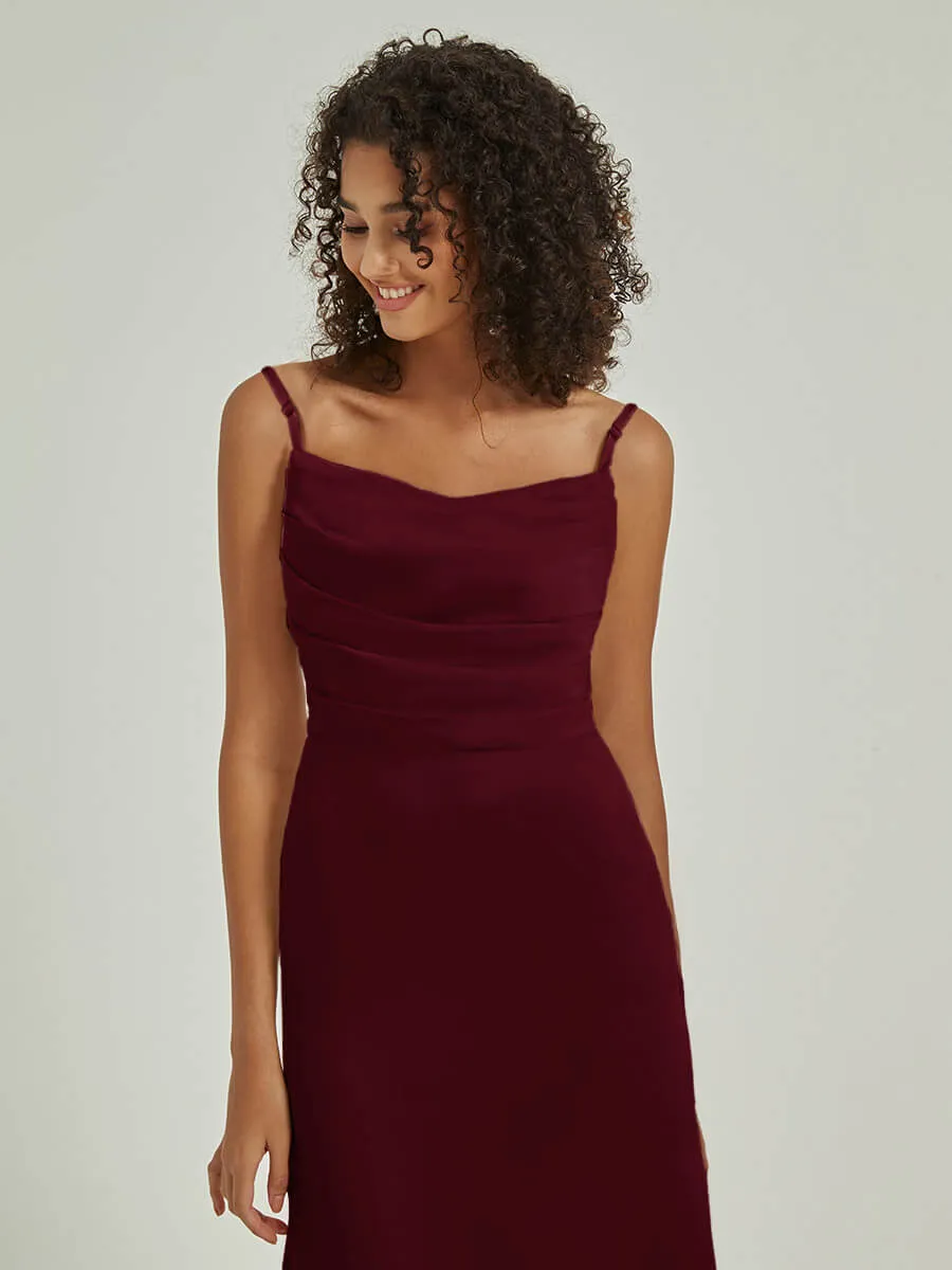 Burgundy Cowl Neckline Straps Side Slit Silk Satin ConvertibleBridesmaid Dress