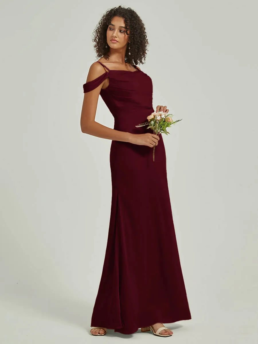 Burgundy Cowl Neckline Straps Side Slit Silk Satin ConvertibleBridesmaid Dress