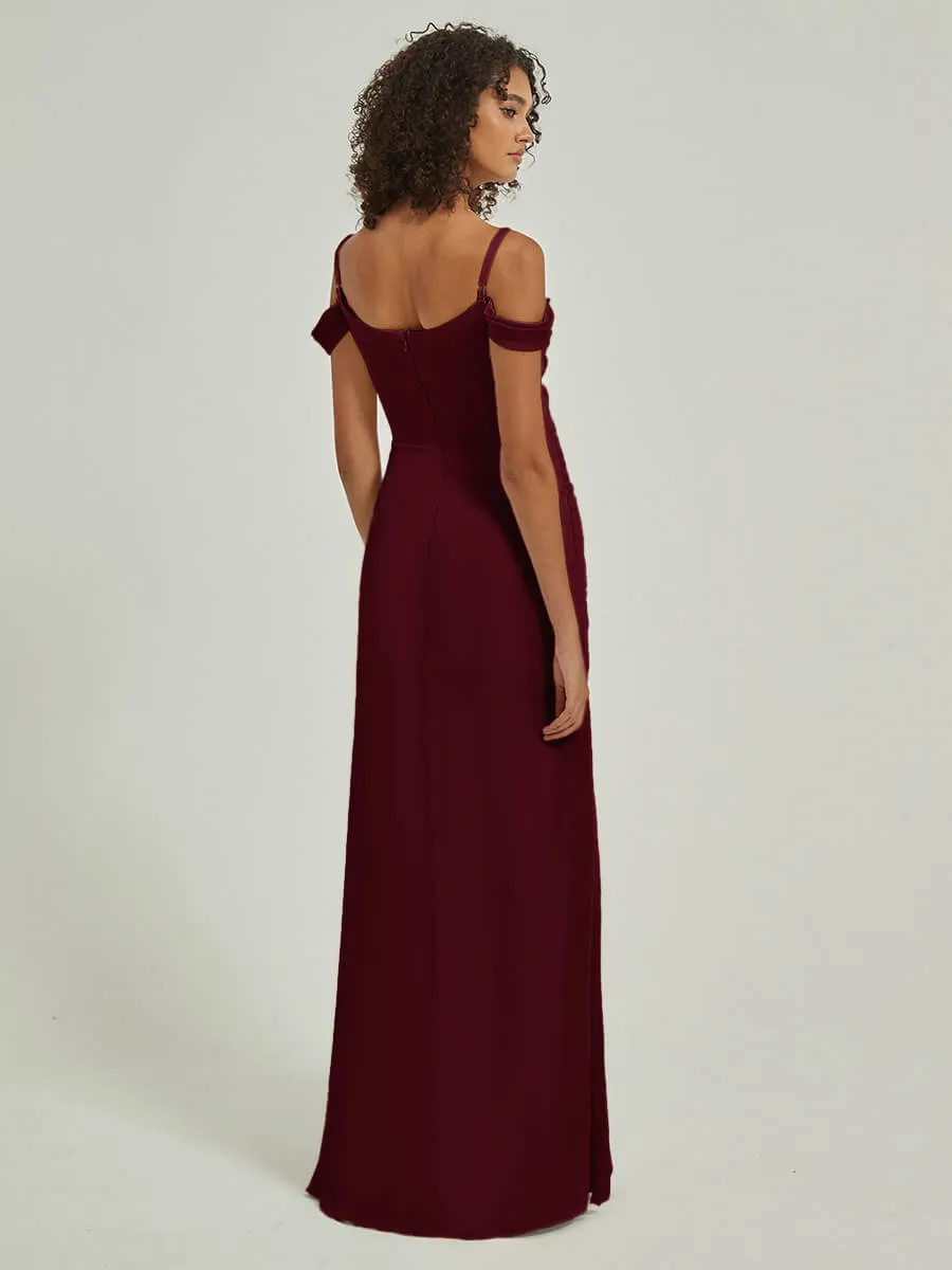 Burgundy Cowl Neckline Straps Side Slit Silk Satin ConvertibleBridesmaid Dress