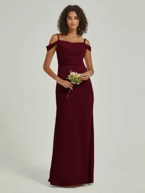 Burgundy Cowl Neckline Straps Side Slit Silk Satin ConvertibleBridesmaid Dress