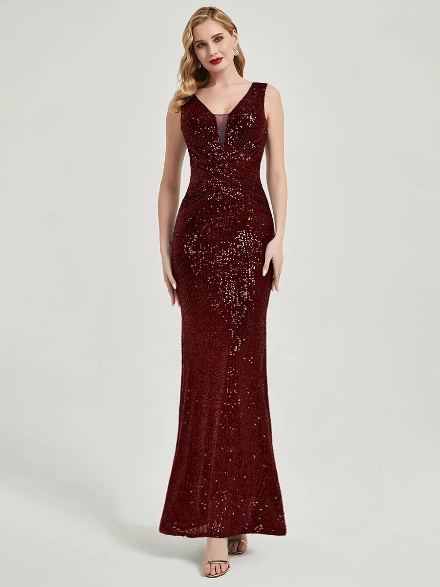 Burgundy Sequin Sleeveless Sheer V-Neck Maxi Mermaid Formal Gown