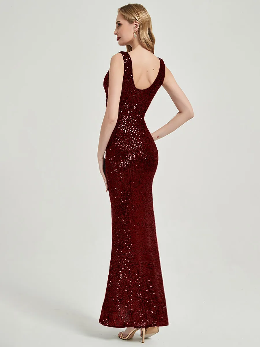 Burgundy Sequin Sleeveless Sheer V-Neck Maxi Mermaid Formal Gown