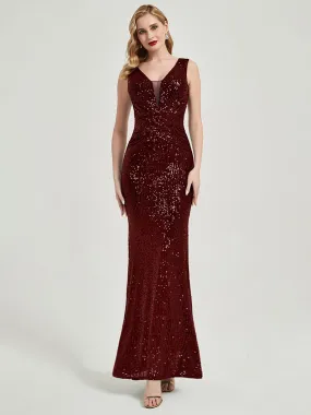 Burgundy Sequin Sleeveless Sheer V-Neck Maxi Mermaid Formal Gown