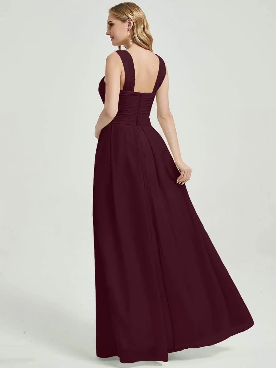 Burgundy V-Neck Pleated A-Line Floor Length Chiffon Bridesmaid Dress