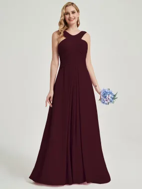 Burgundy V-Neck Pleated A-Line Floor Length Chiffon Bridesmaid Dress