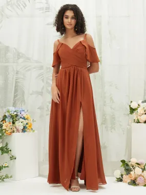 Burnt Orange Chiffon Ruffle Cold Shoulder Sweetheart Bridesmaid Dress