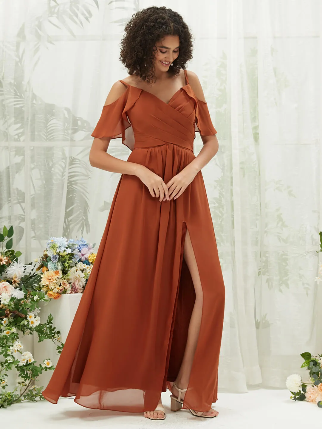 Burnt Orange Chiffon Ruffle Cold Shoulder Sweetheart Bridesmaid Dress