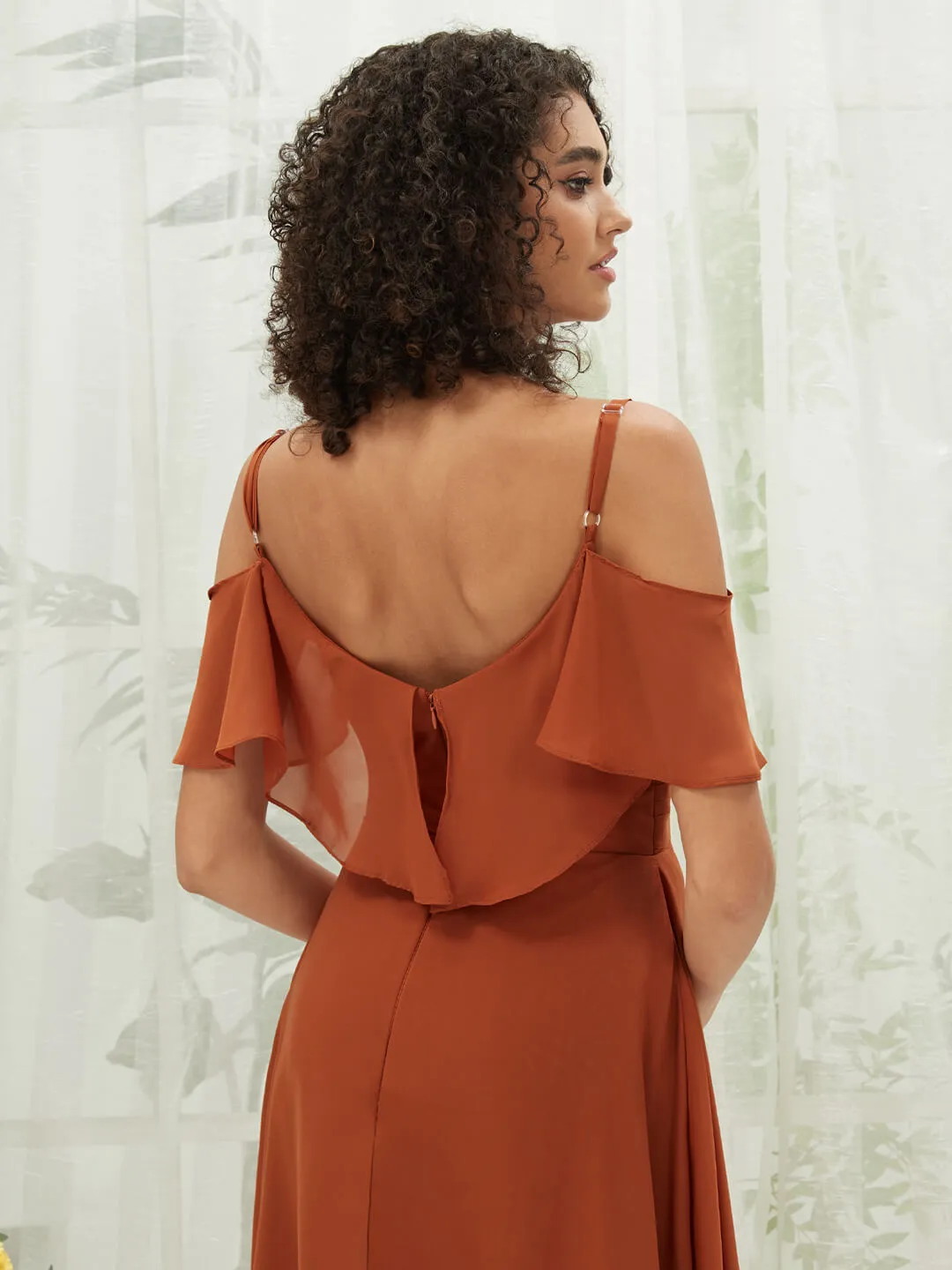 Burnt Orange Chiffon Ruffle Cold Shoulder Sweetheart Bridesmaid Dress