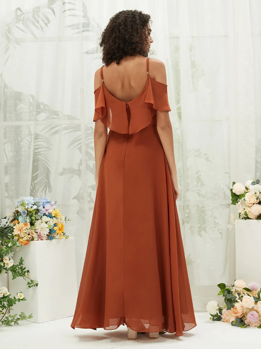 Burnt Orange Chiffon Ruffle Cold Shoulder Sweetheart Bridesmaid Dress