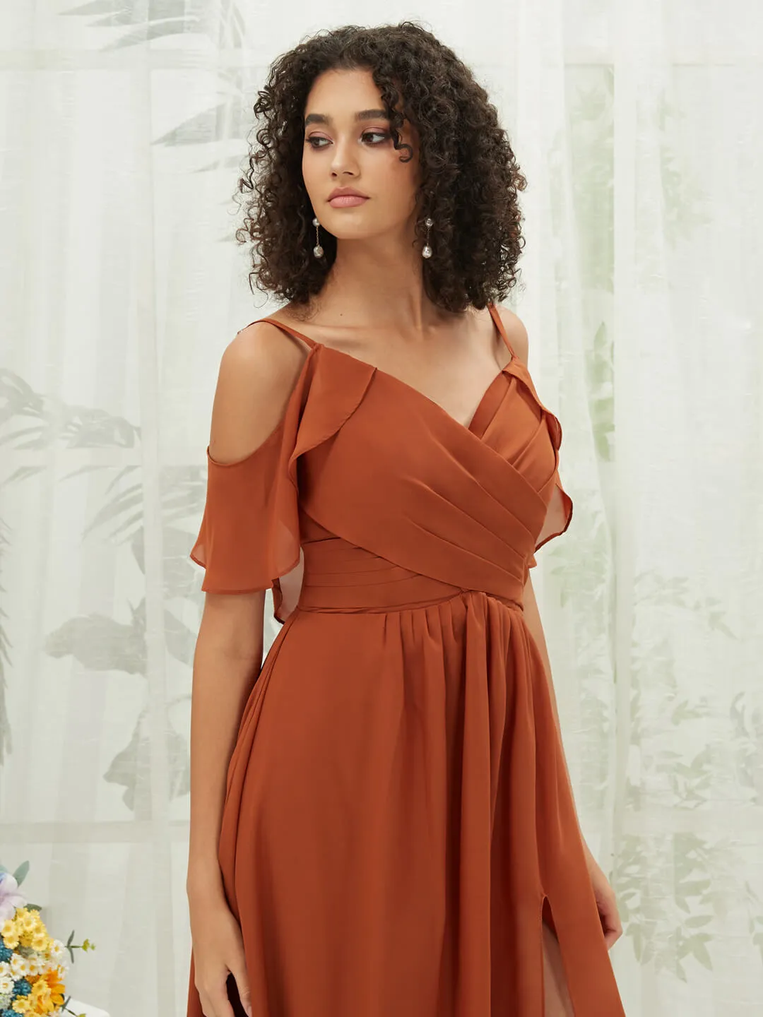 Burnt Orange Chiffon Ruffle Cold Shoulder Sweetheart Bridesmaid Dress