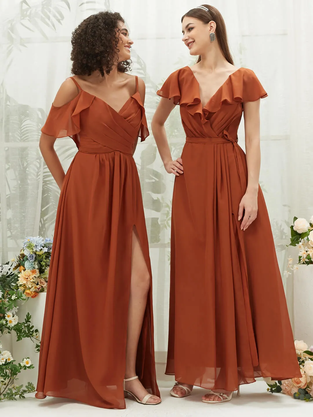 Burnt Orange Chiffon Ruffle Cold Shoulder Sweetheart Bridesmaid Dress