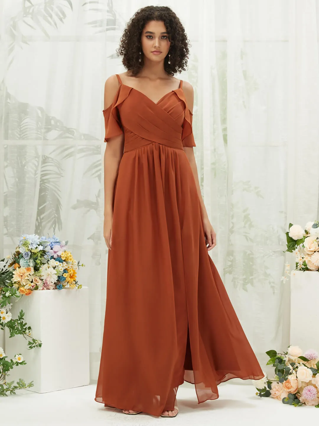 Burnt Orange Chiffon Ruffle Cold Shoulder Sweetheart Bridesmaid Dress