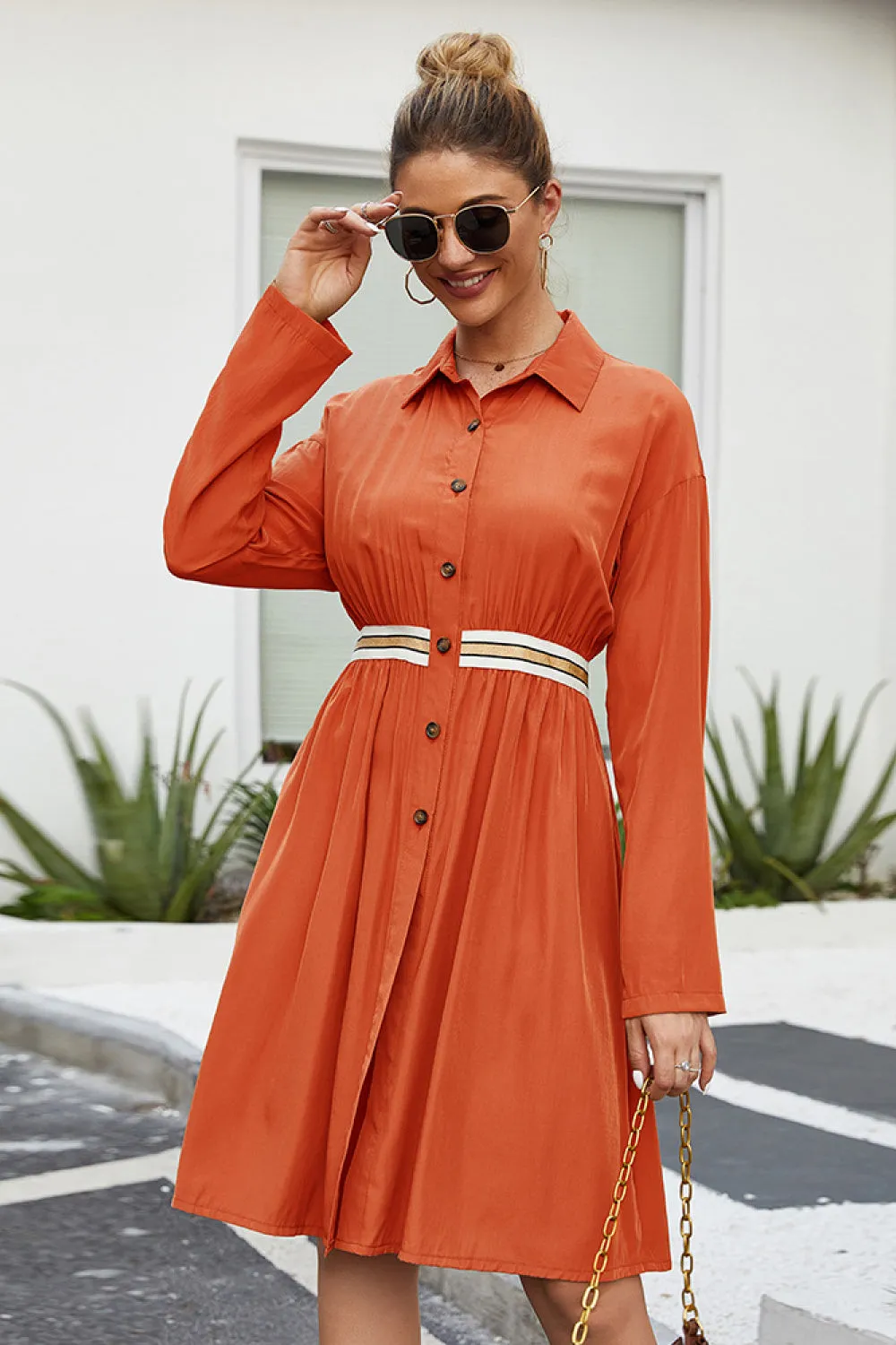 Button Down Contrast Banding Dress