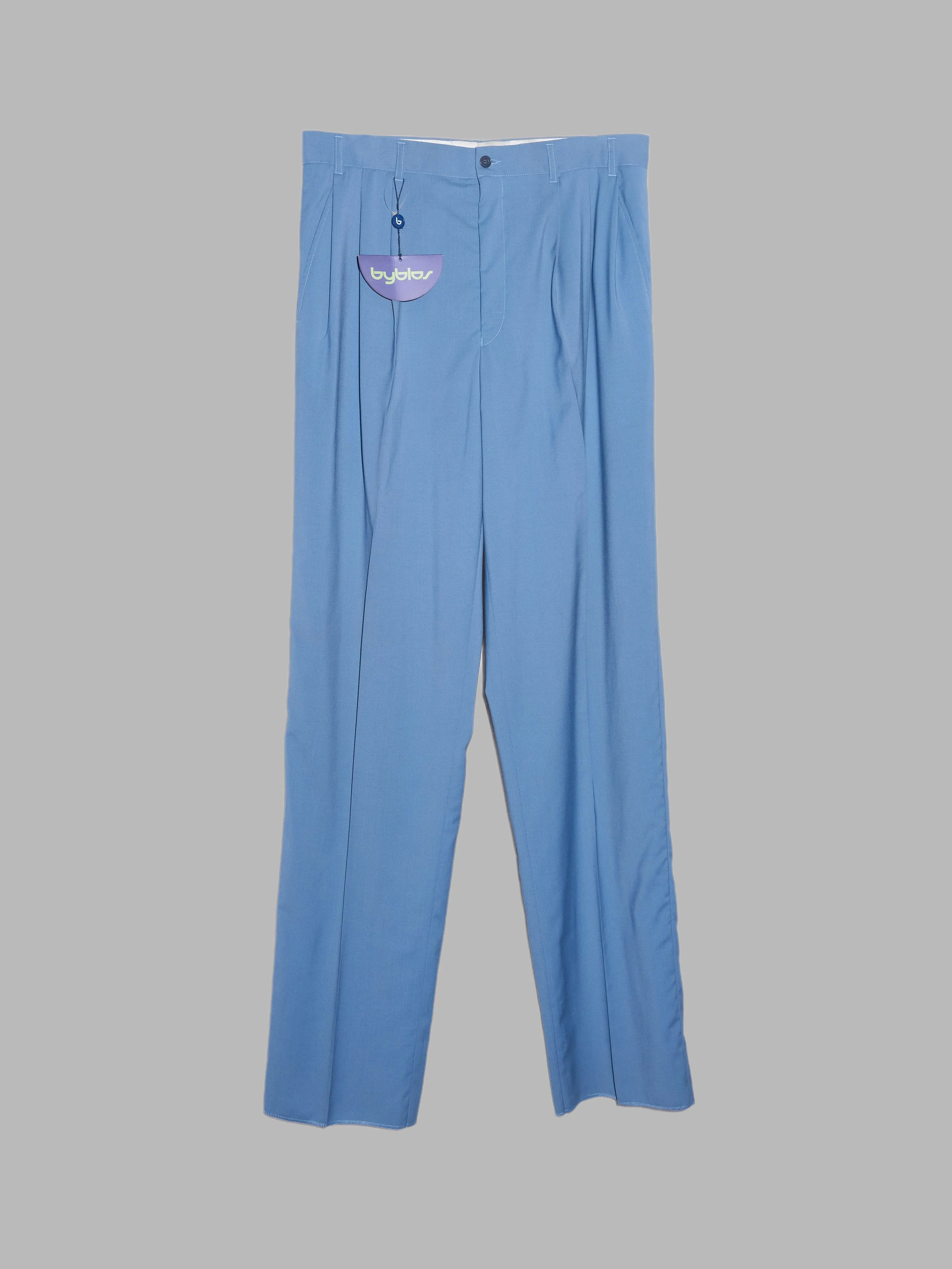 Byblos 1990s blue wool pleated trousers - size 52 new deadstock unhemmed