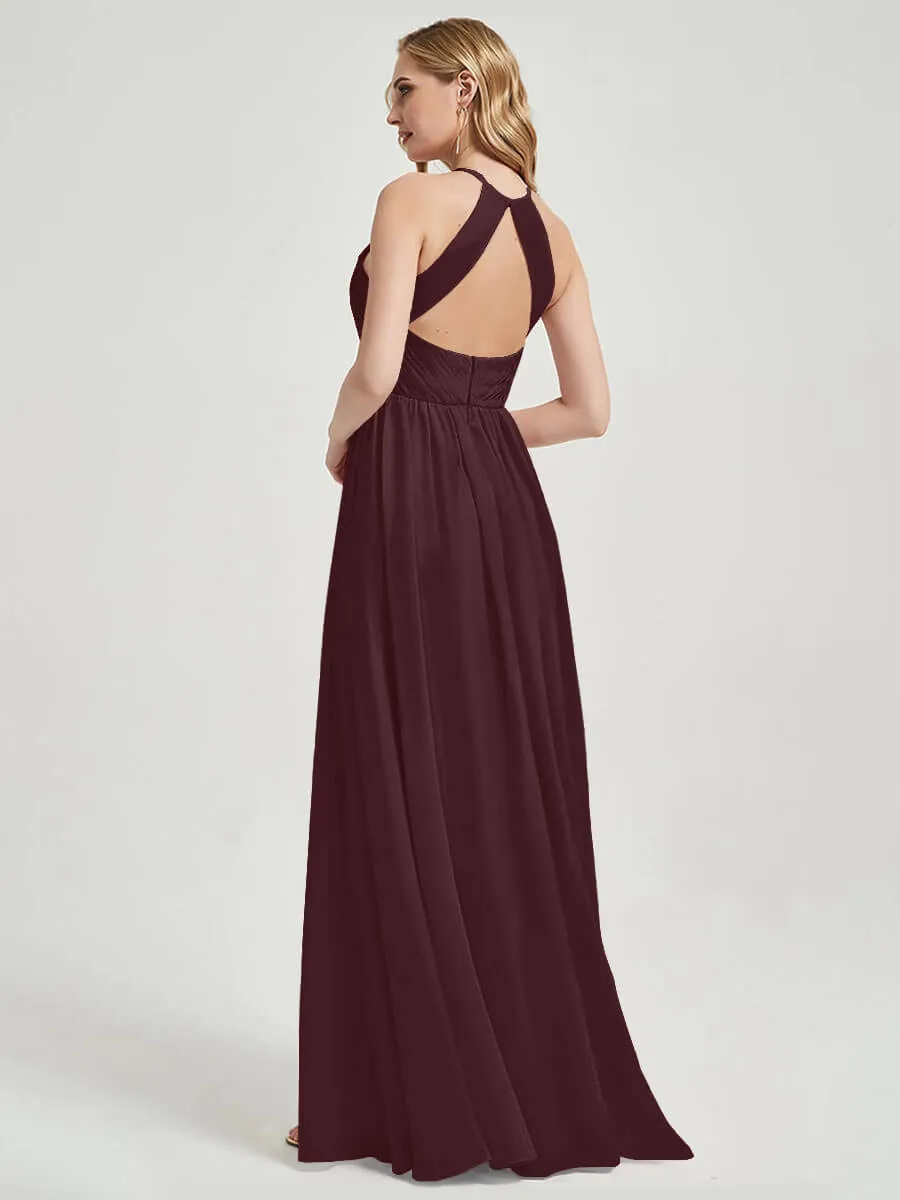 Cabernet Halter Pleated Keyhole Back Chiffon Bridesmaid Dress