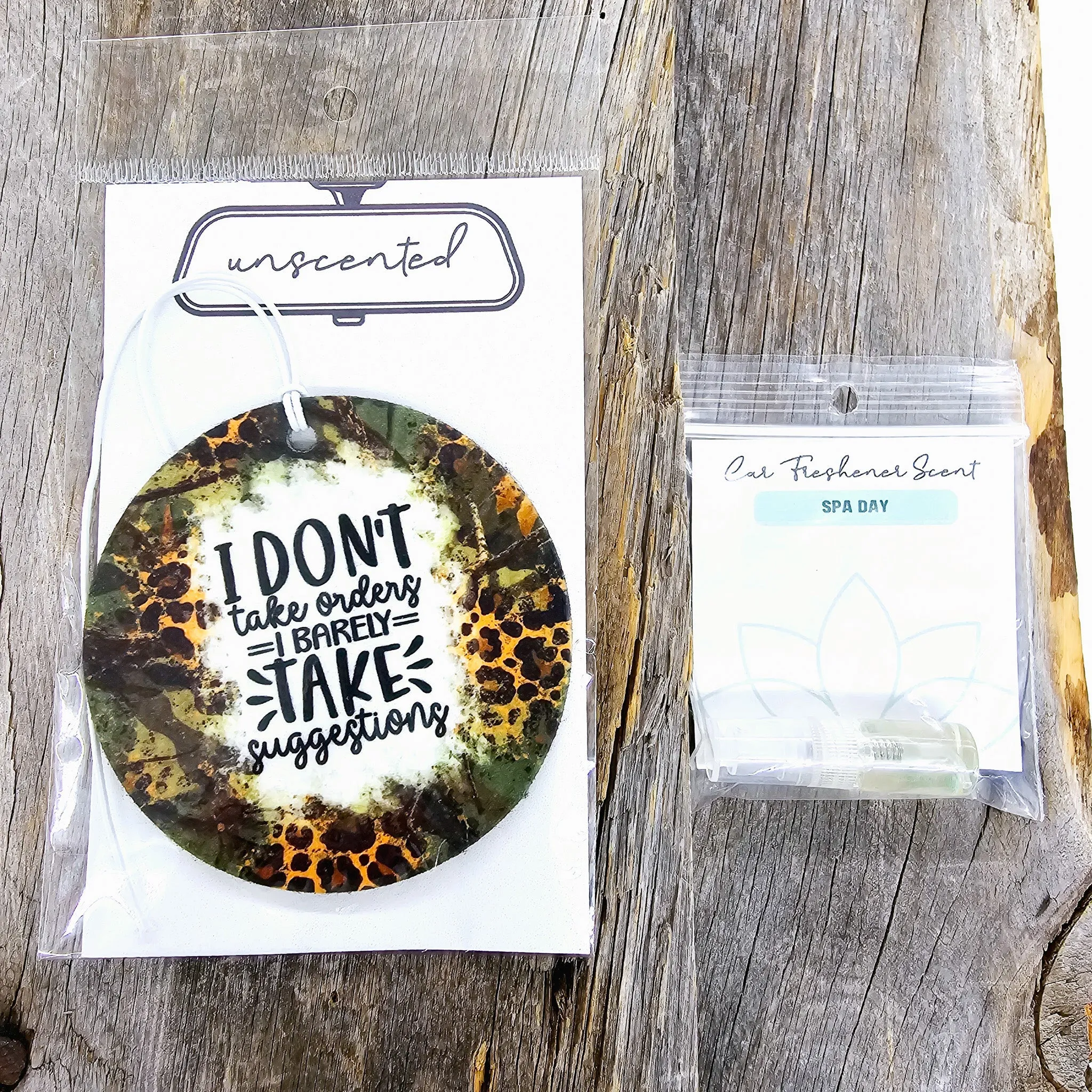 Camo/Leopard Print I Barely Take Suggestions Re-Scentable Car Freshener