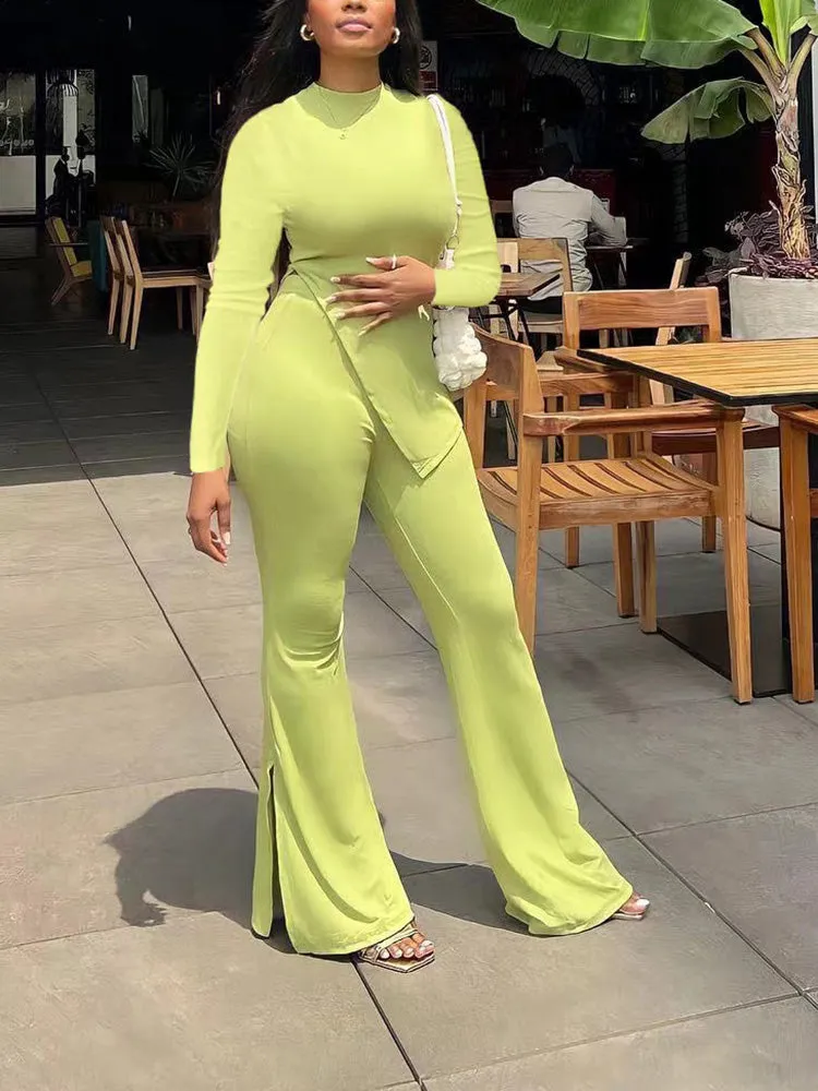 Casual Slit Top High Waist Pants Set