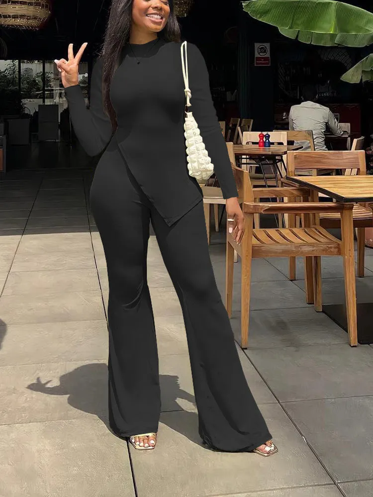 Casual Slit Top High Waist Pants Set