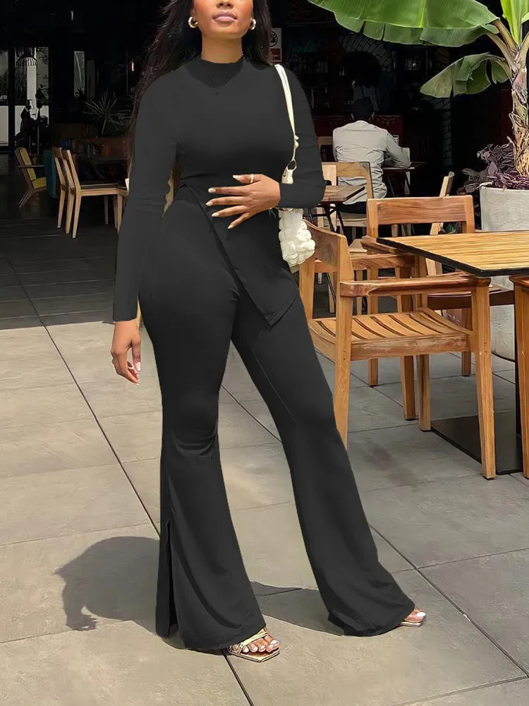 Casual Slit Top High Waist Pants Set