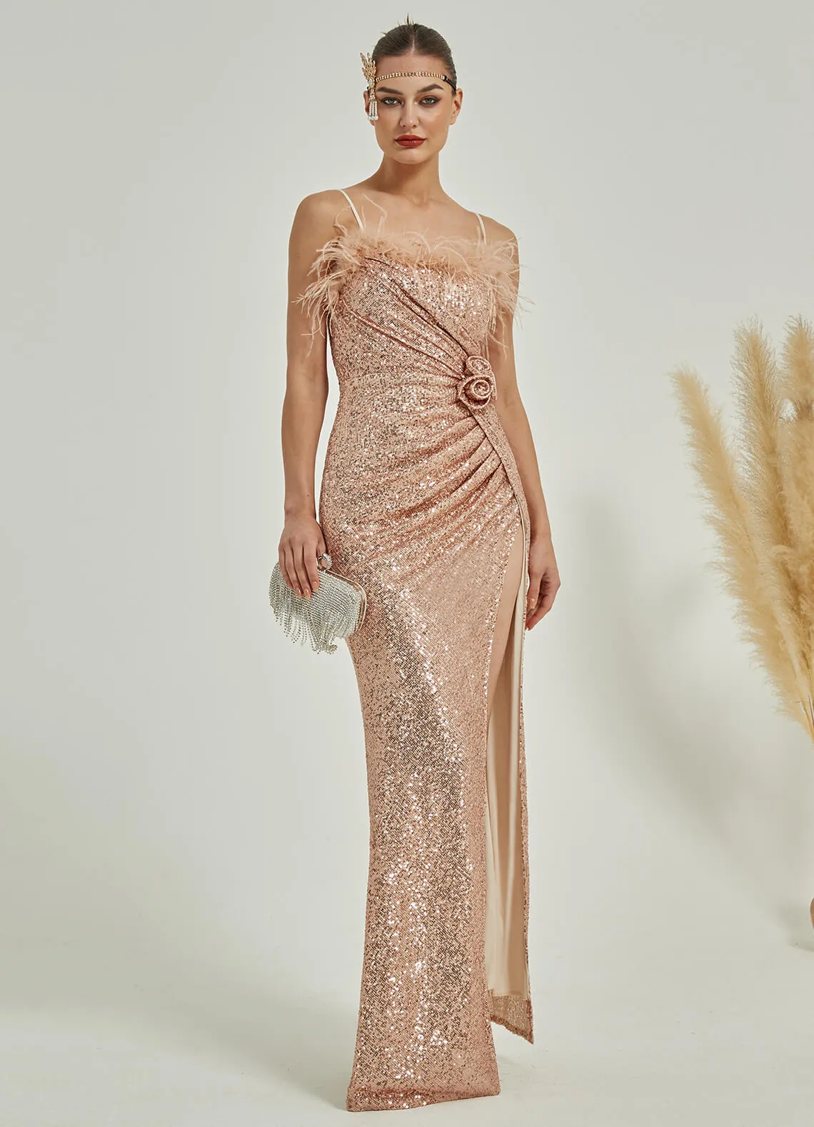 Champagne Gold Luxury Feather Spaghetti Straps Sequin Maxi Formal Gown