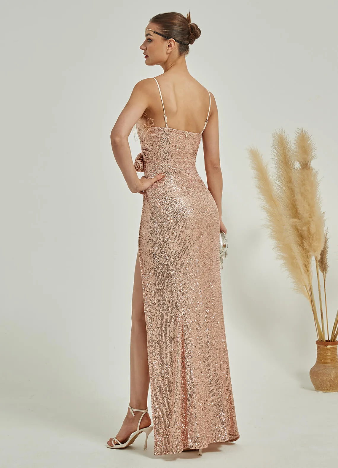 Champagne Gold Luxury Feather Spaghetti Straps Sequin Maxi Formal Gown