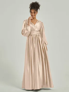 Champagne Satin 3/4 Long Slit Sleeve V-Neck Slit Pleated Bridesmaid Dress