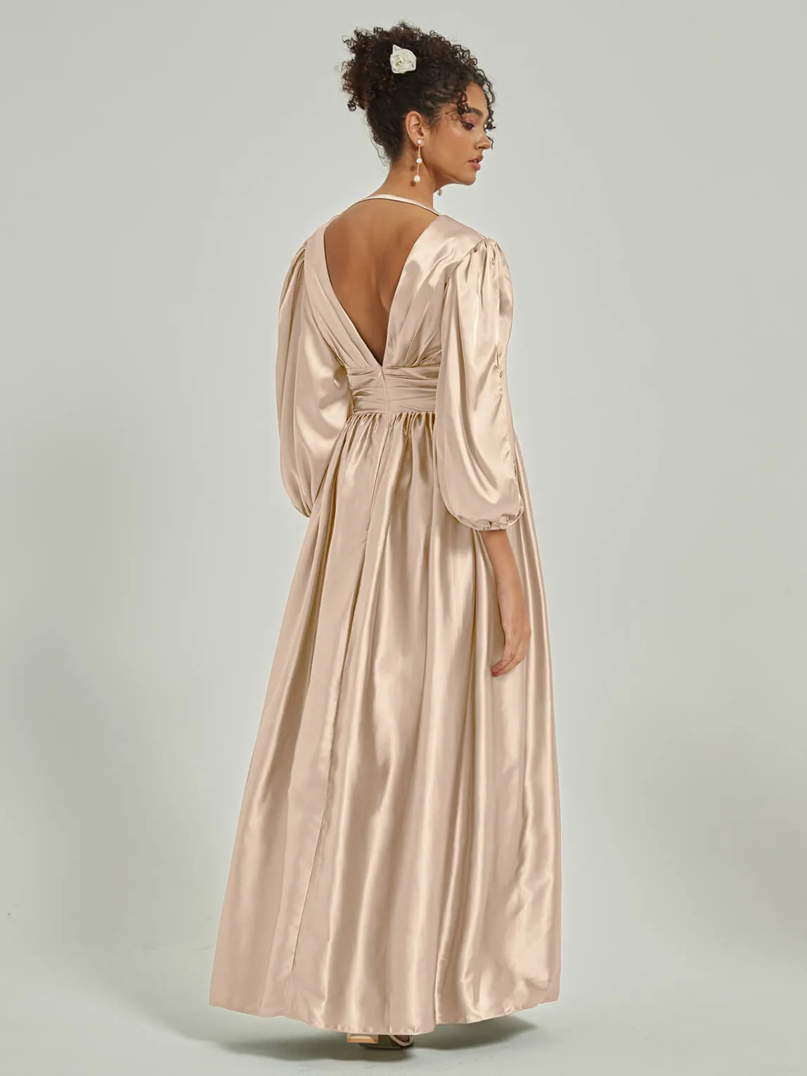 Champagne Satin 3/4 Long Slit Sleeve V-Neck Slit Pleated Bridesmaid Dress