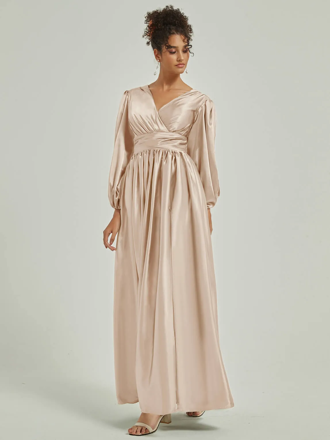 Champagne Satin 3/4 Long Slit Sleeve V-Neck Slit Pleated Bridesmaid Dress