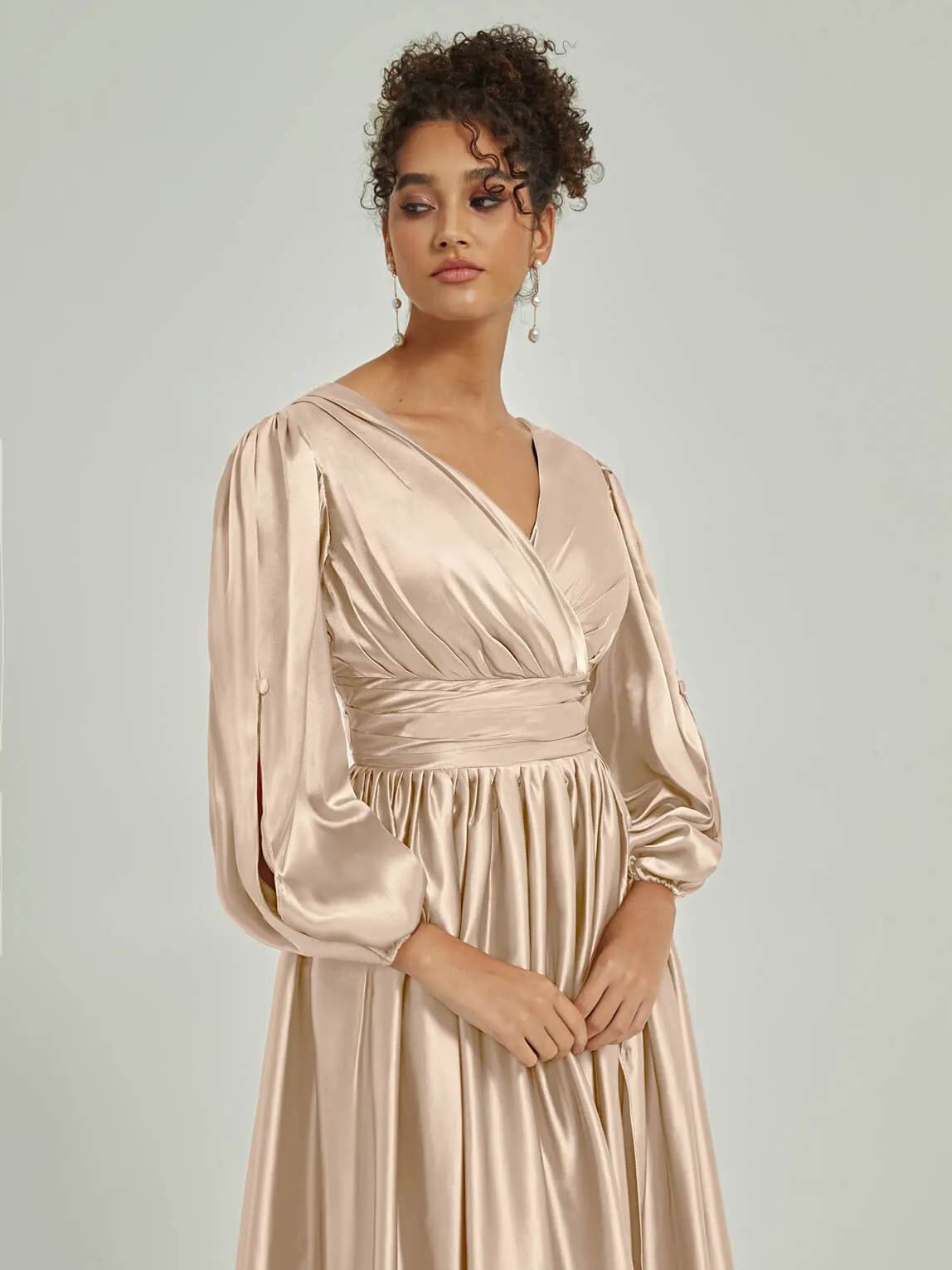 Champagne Satin 3/4 Long Slit Sleeve V-Neck Slit Pleated Bridesmaid Dress