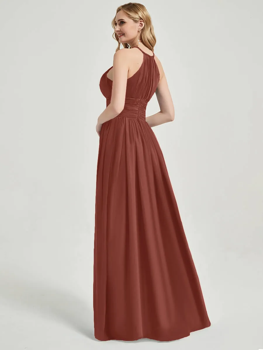 Cinnamon Rose Pleated Halter Neck Sleeveless Chiffon Bridesmaid Dress