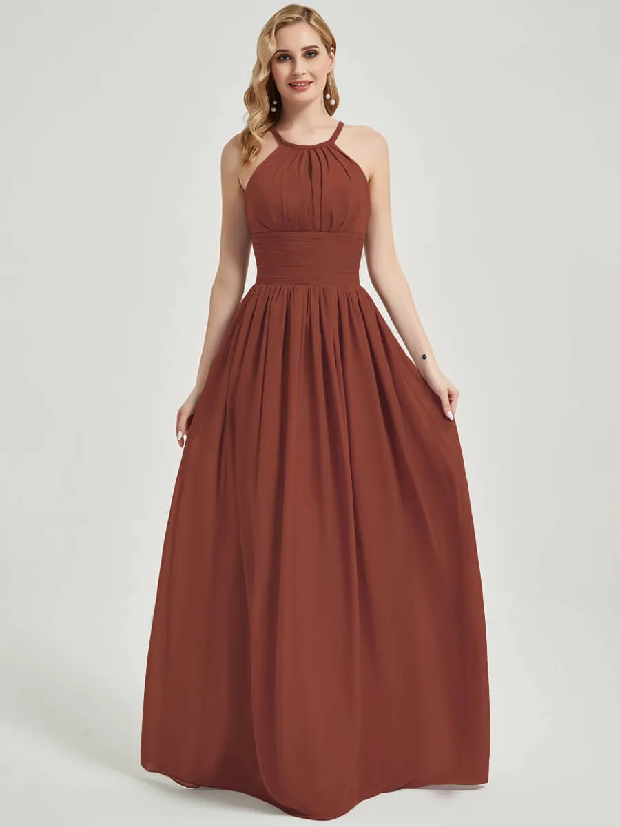 Cinnamon Rose Pleated Halter Neck Sleeveless Chiffon Bridesmaid Dress