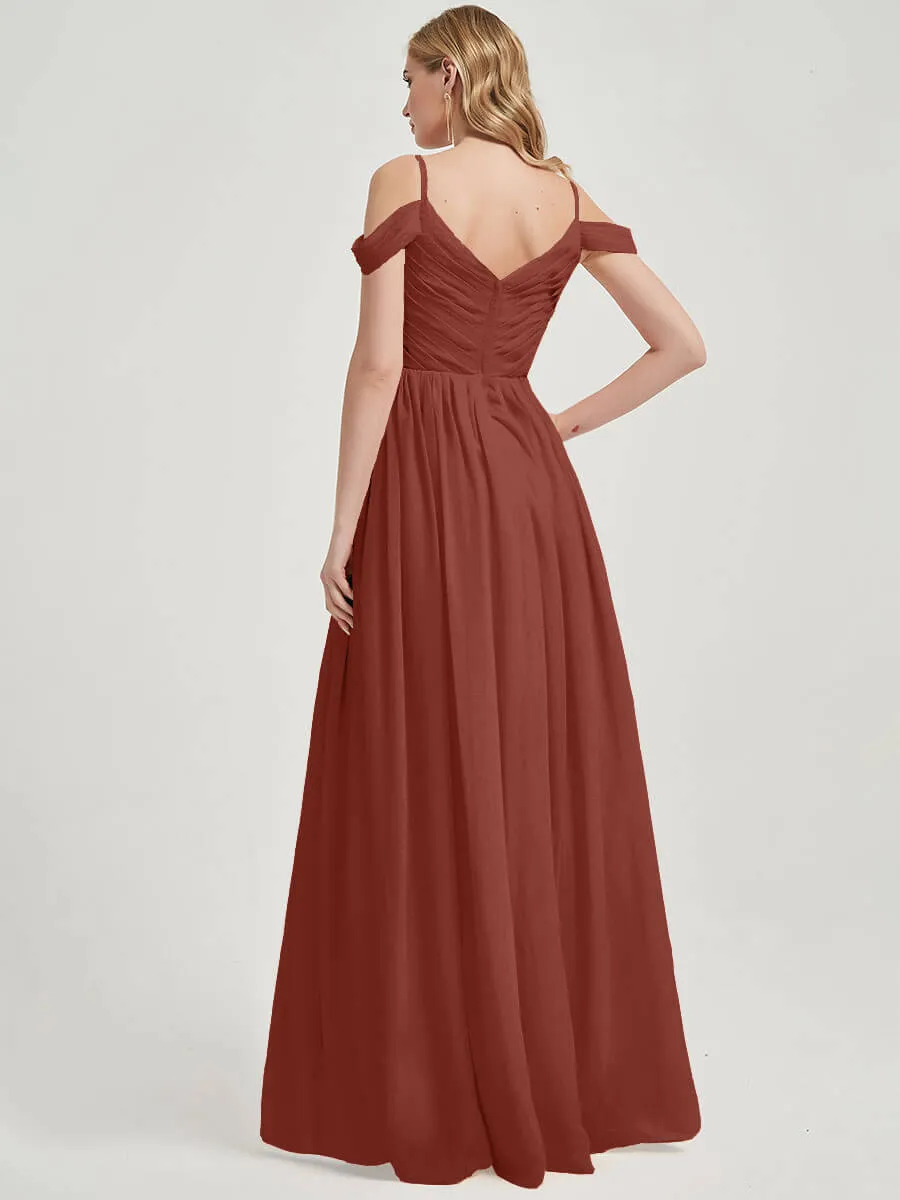 Cinnamon Rose Spaghetti Straps Pleated Chiffon Bridesmaid Dress