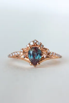 Colour changing alexandrite engagement ring, diamond crown proposal ring with lab created alexandrite / Amelia