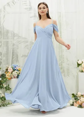 Cornflower Blue Chiffon Cold Shoulder Sweetheart Bridesmaid Dress Pocket