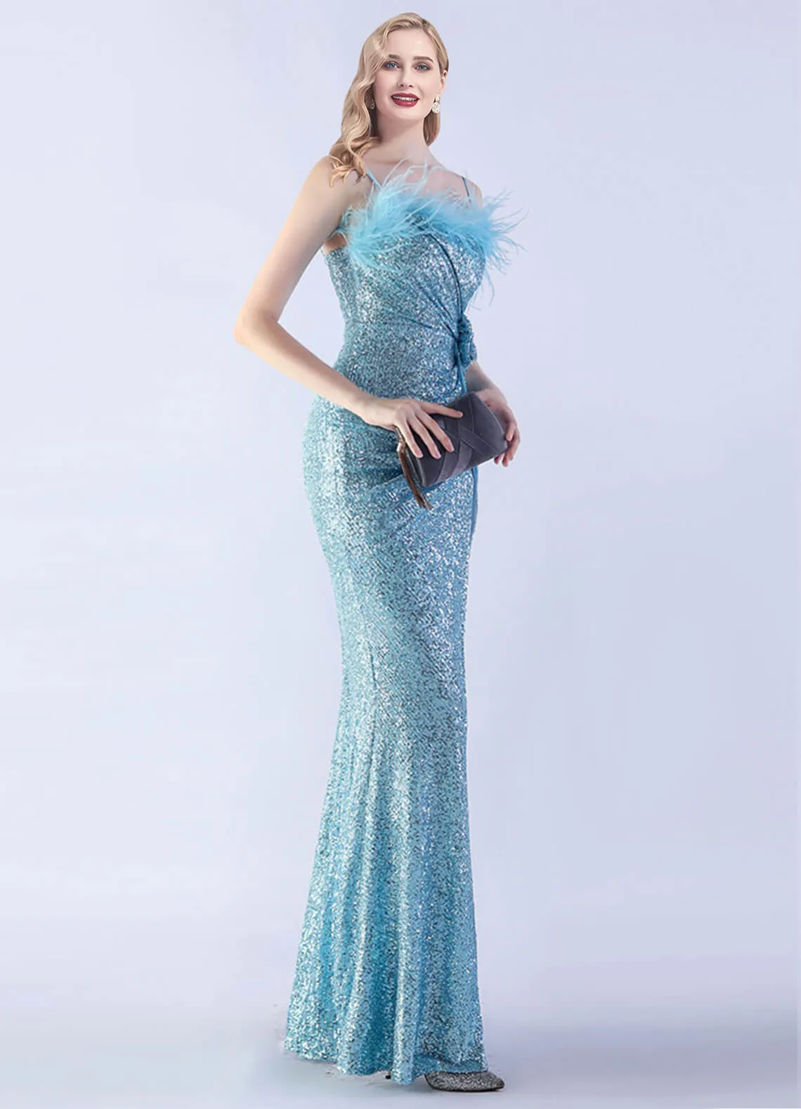 Cornflower Blue Luxury Feather Spaghetti Straps Sequin Maxi Formal Gown