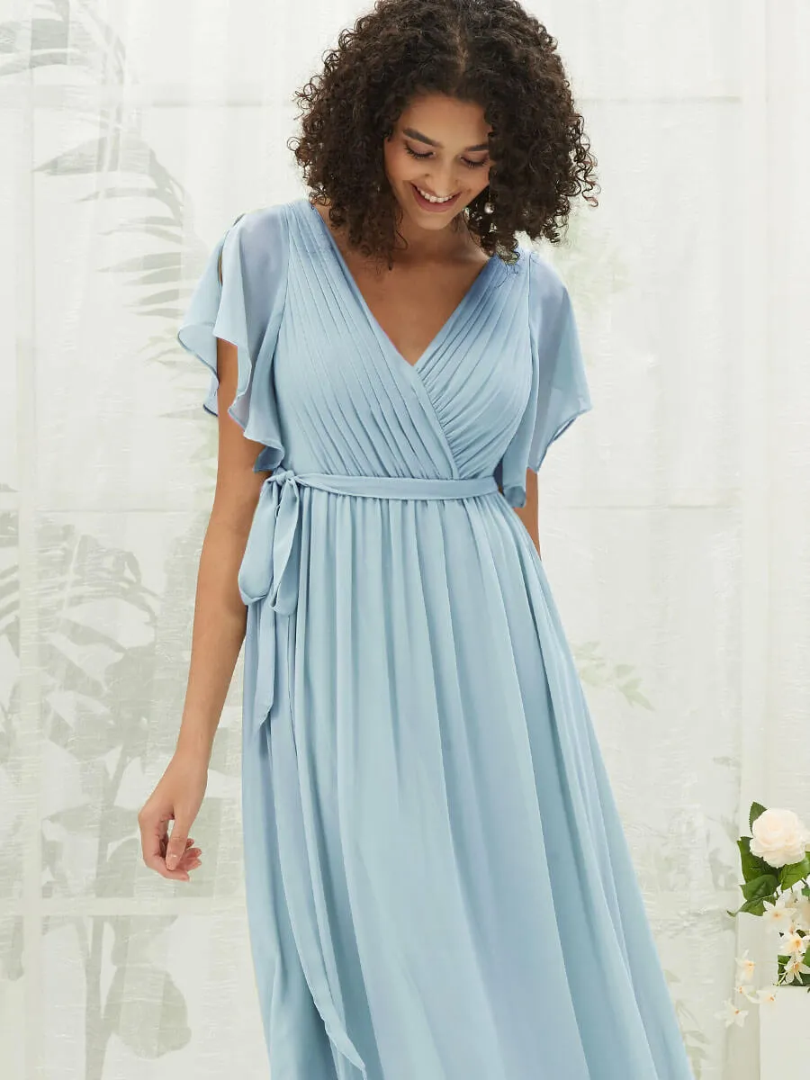 Cornflower Blue Short Sleeves Floor Length Silky Chiffon Bridesmaid Dress