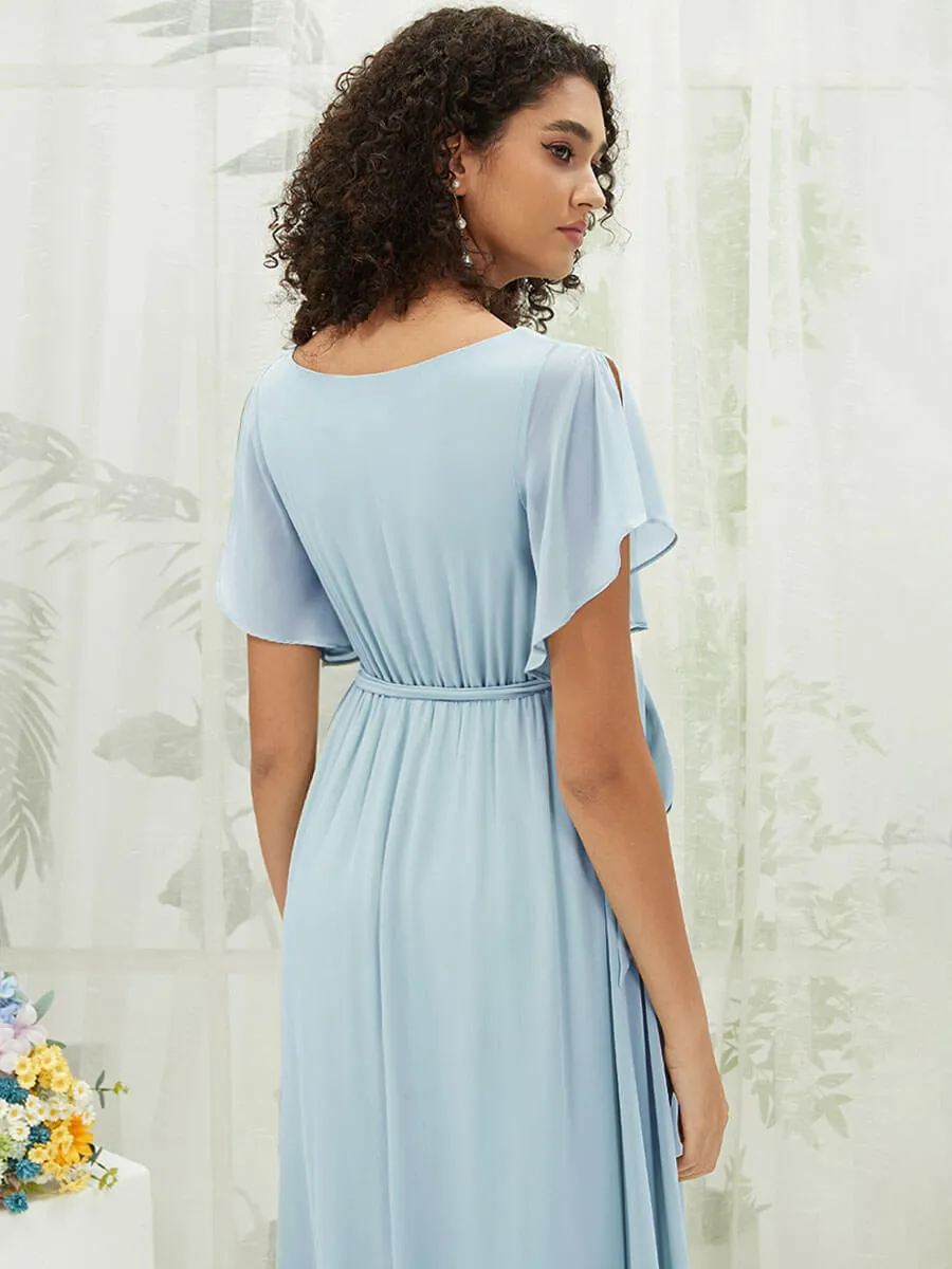 Cornflower Blue Short Sleeves Floor Length Silky Chiffon Bridesmaid Dress