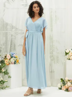 Cornflower Blue Short Sleeves Floor Length Silky Chiffon Bridesmaid Dress