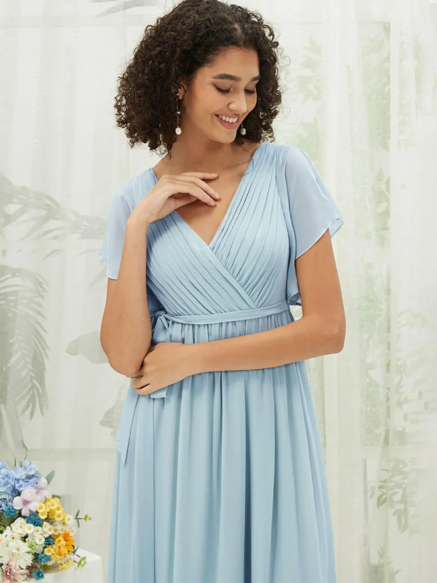 Cornflower Blue Short Sleeves Floor Length Silky Chiffon Bridesmaid Dress