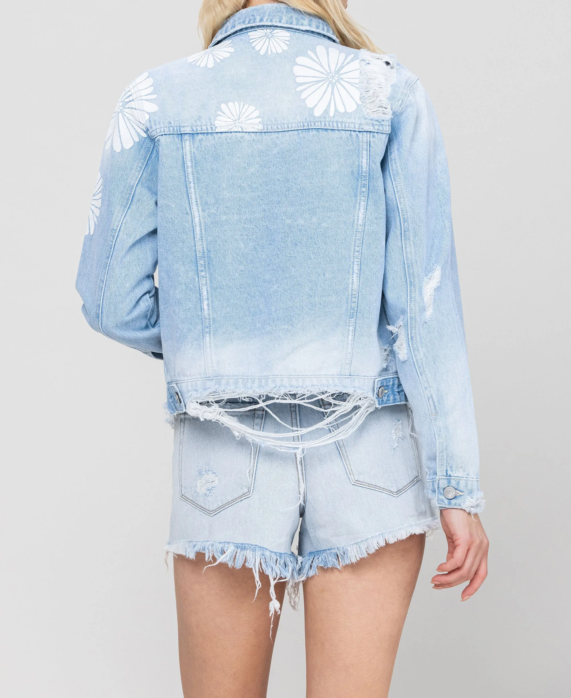 Cotton Candy - Classic Crop Denim Jacket W Flower Laser Print