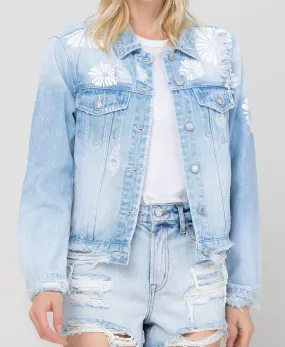 Cotton Candy - Classic Crop Denim Jacket W Flower Laser Print