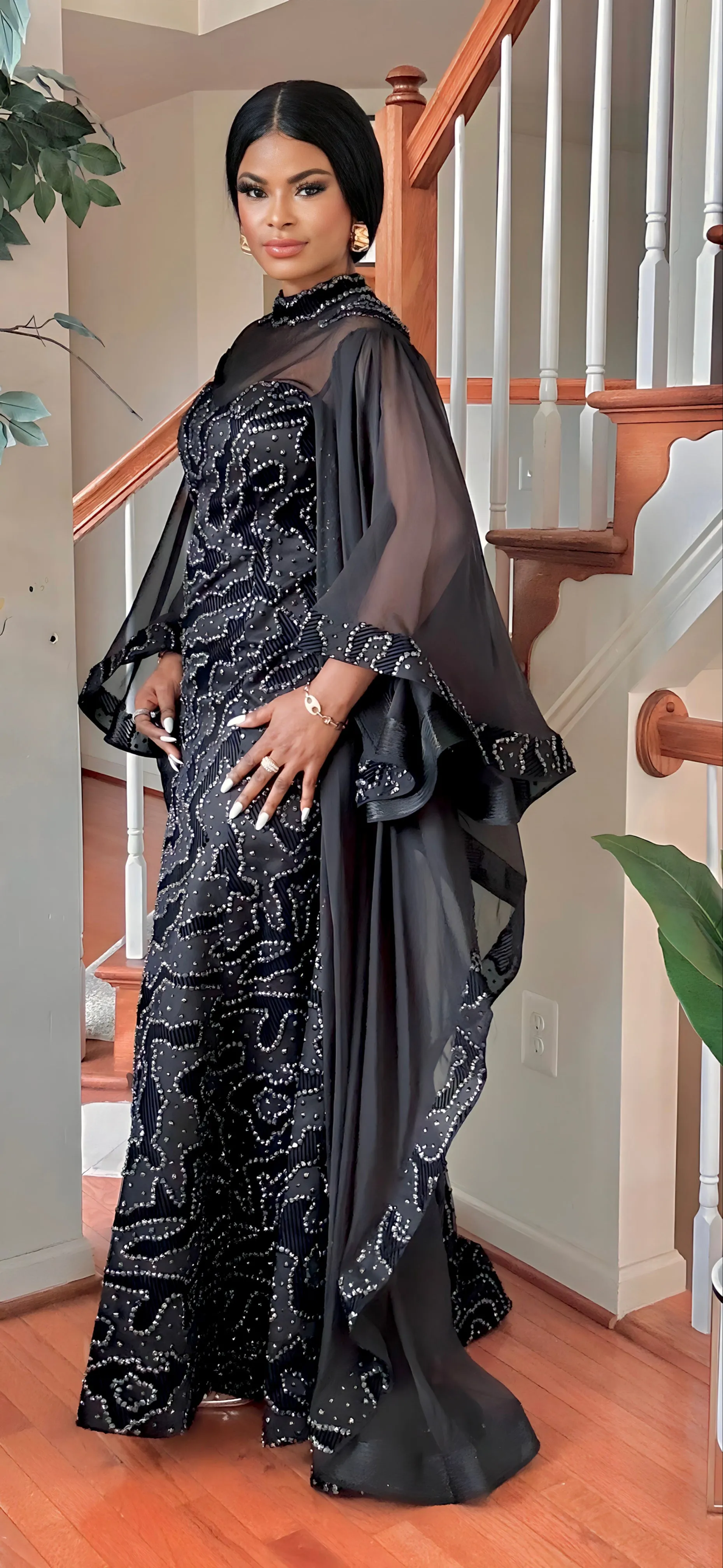 COUTURE DRAMATIC SLEEVE MAXI DRESS(BLACK/SILVER)