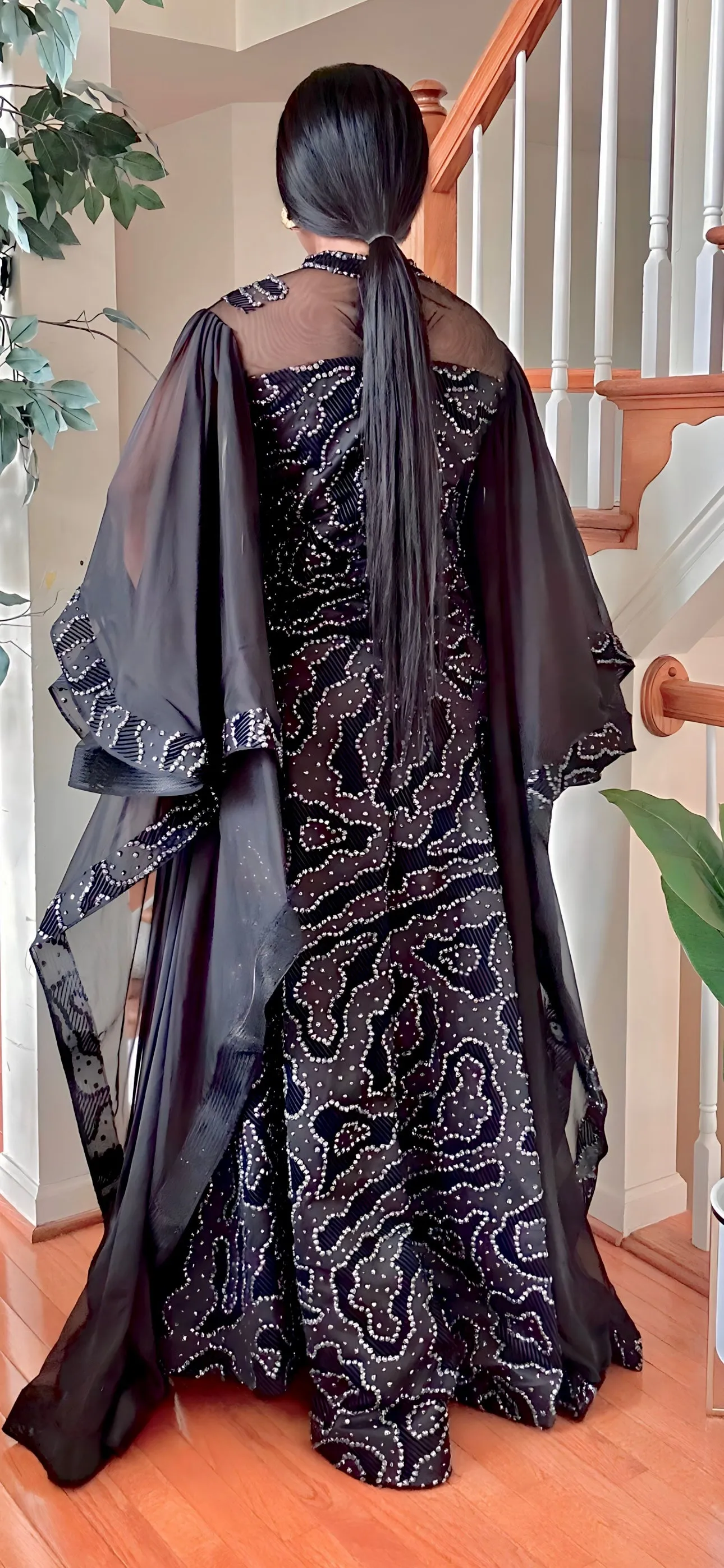 COUTURE DRAMATIC SLEEVE MAXI DRESS(BLACK/SILVER)