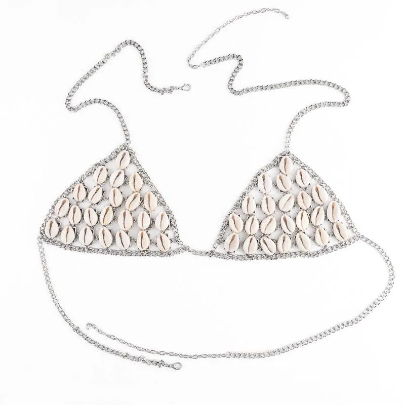 Cowrie Shell Bra Silver Chain Triangle Top With Natural Sea Shells Wear It Alone Or Over A Bikini Top One Size Adjustable Mermaid Body Jewelry