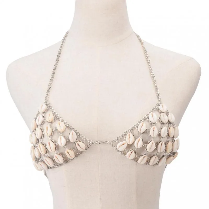 Cowrie Shell Bra Silver Chain Triangle Top With Natural Sea Shells Wear It Alone Or Over A Bikini Top One Size Adjustable Mermaid Body Jewelry