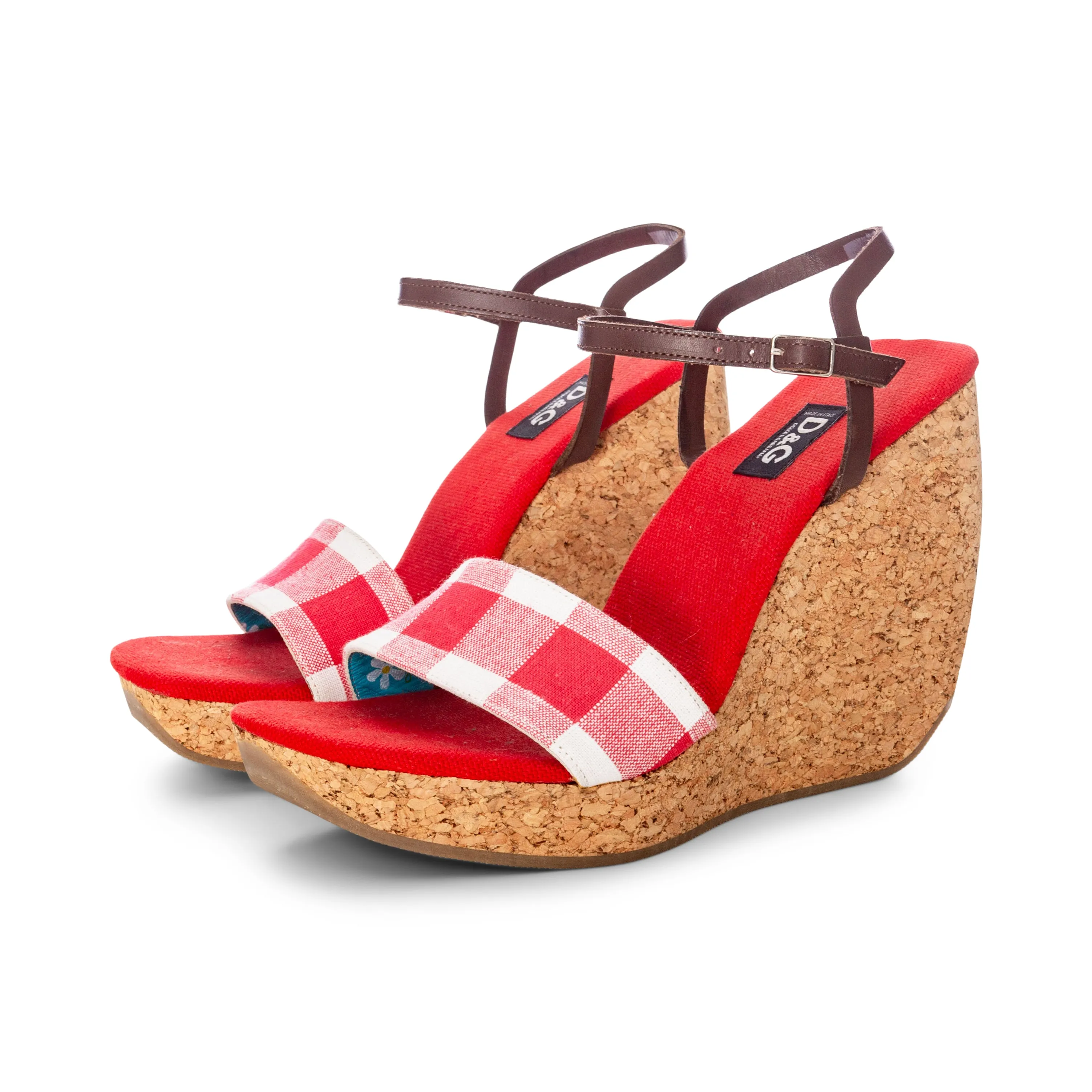 D&G 1990s Red and White Picnic Plaid Cork Wedge Sandals