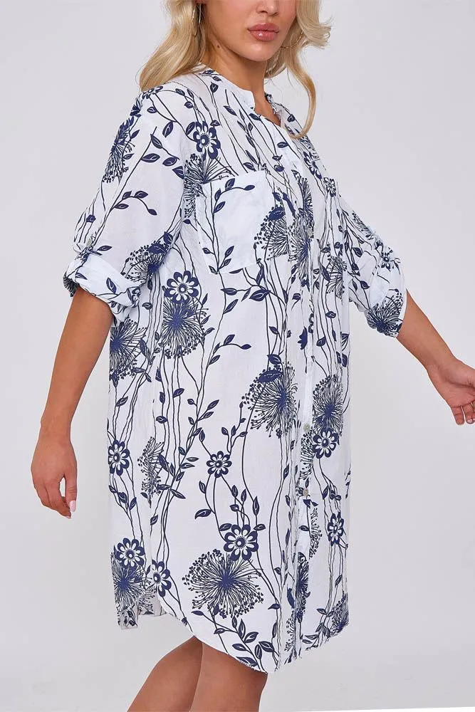 Dandelion Flower Print Pockets Cotton Long Shirt