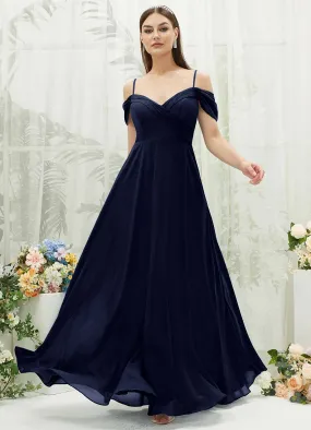 Dark Navy Chiffon Cold Shoulder Sweetheart Bridesmaid Dress Pocket